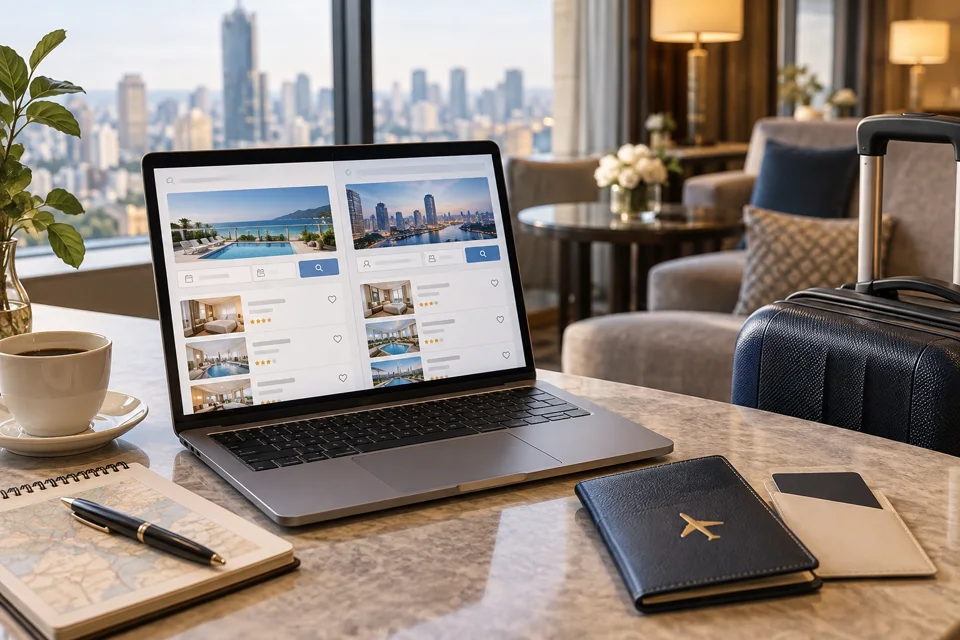 ホテル予約サイトを比較しながら海外旅行を準備するノートパソコンとスーツケース