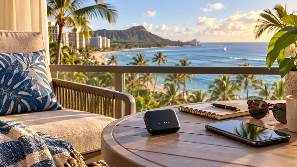 ハワイの海を望むホテルのテーブルに置かれたモバイルWi-Fiルーターとスマートフォン