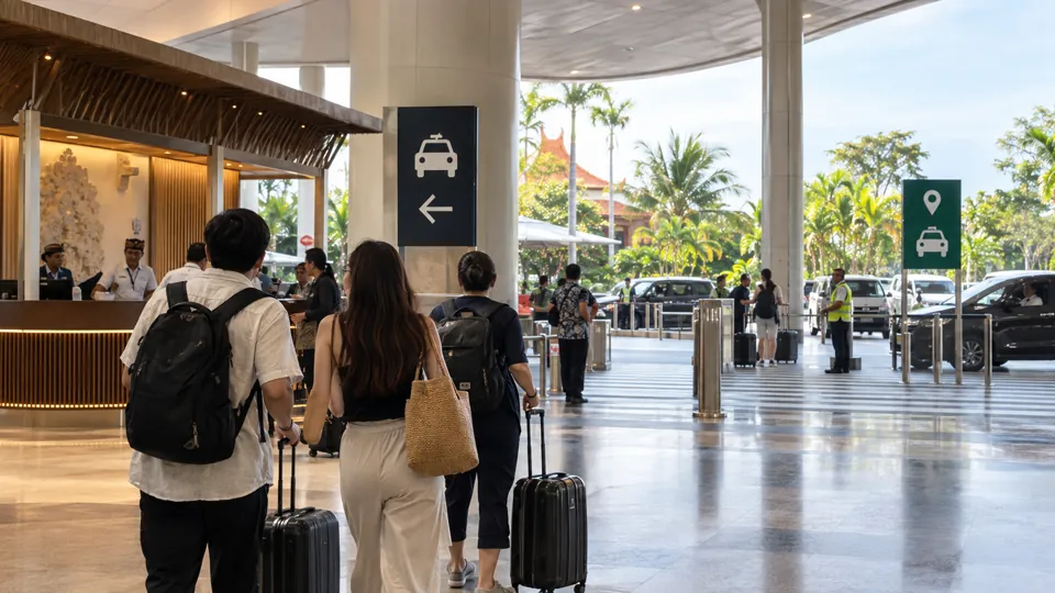 空港の到着口からタクシー乗り場へ向かう旅行者