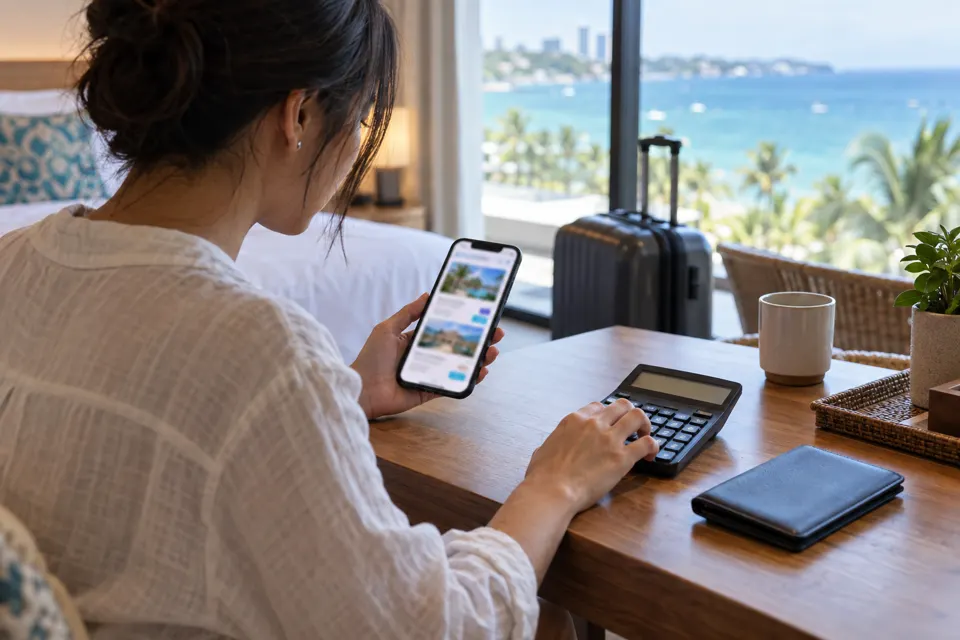 セブのホテル客室でスマートフォンと電卓を使い予約条件を比べる旅行者