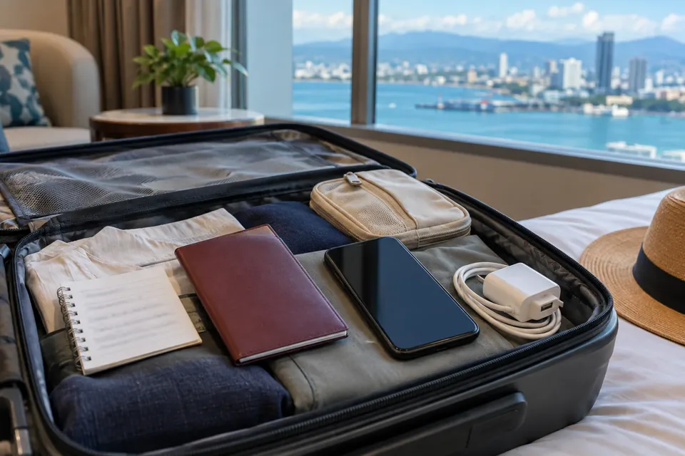 セブ到着後に使うスマートフォン、充電器、ホテル住所の控えを機内持込バッグへ整える旅行者