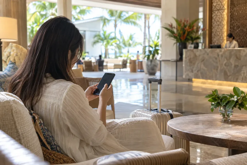 セブのホテルの明るいロビーで、旅行者がスマートフォンの通信設定を確認している様子