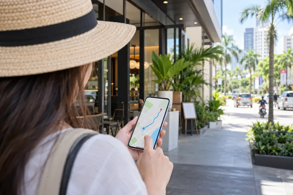 セブシティのカフェ近くで地図アプリを見ながら移動先を確認する旅行者の手元