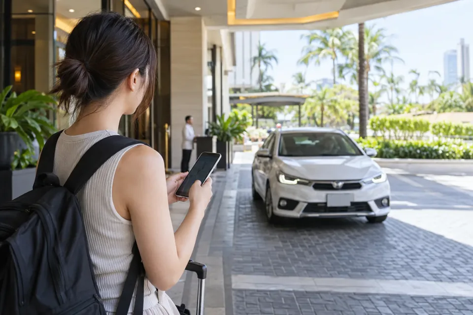 セブのホテル前でスマートフォンの配車情報と近づく車を照合する旅行者