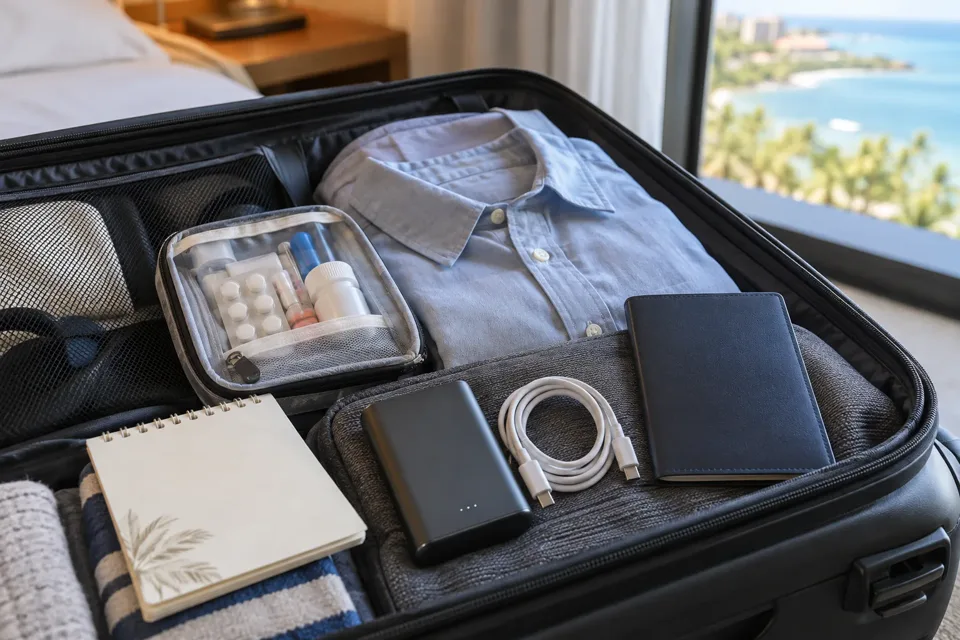 パスポート、充電器、モバイルバッテリー、常用薬、ホテル控えをセブ旅行の機内持込バッグへ入れる様子