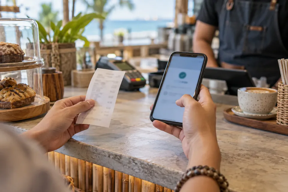セブシティのカフェで、旅行者がカード決済のレシートとスマートフォンの利用通知を確認している様子