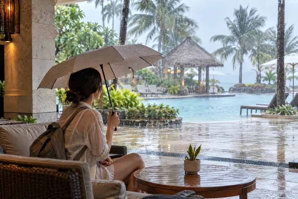マクタンのリゾートで短い雨を眺めながら屋根のあるテラスで休む旅行者