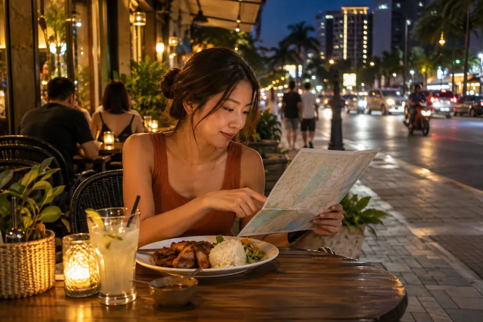 セブシティの夜の屋外レストランで地図を見ながら食事をする旅行者