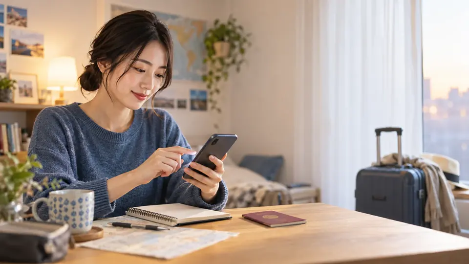 旅行前にスマートフォンでeSIMの設定を確認する人