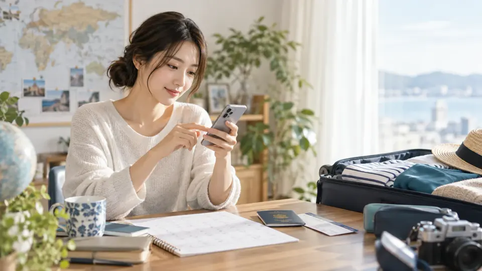 旅行前にスマートフォンと旅程を確認する旅行者