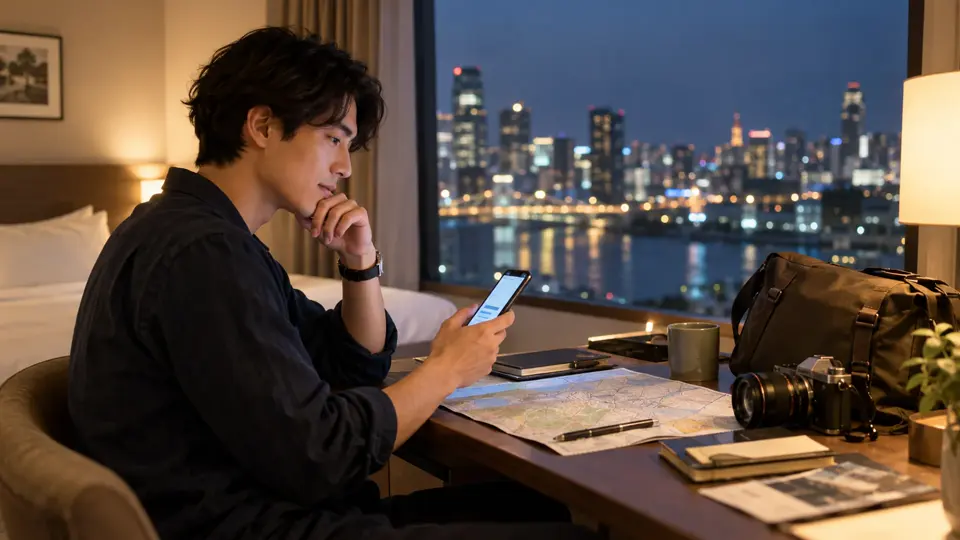ホテルでスマートフォンの通信量を確認する旅行者