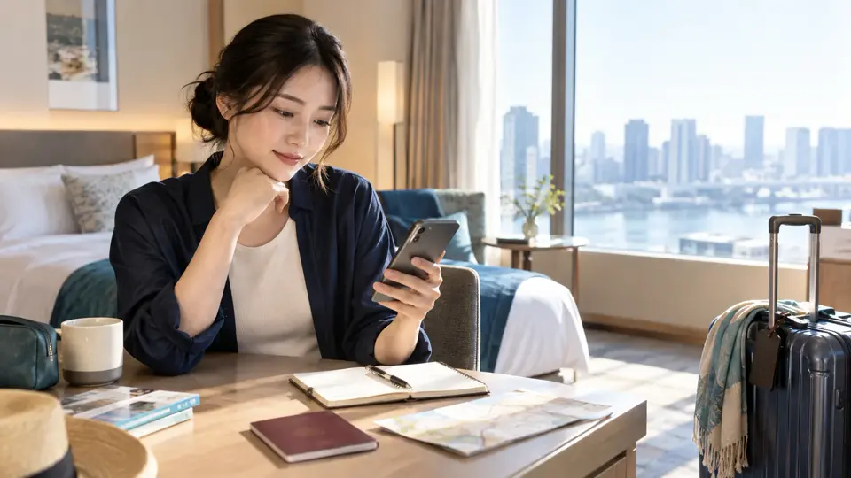ホテルでスマートフォンと旅行書類を確認する旅行者
