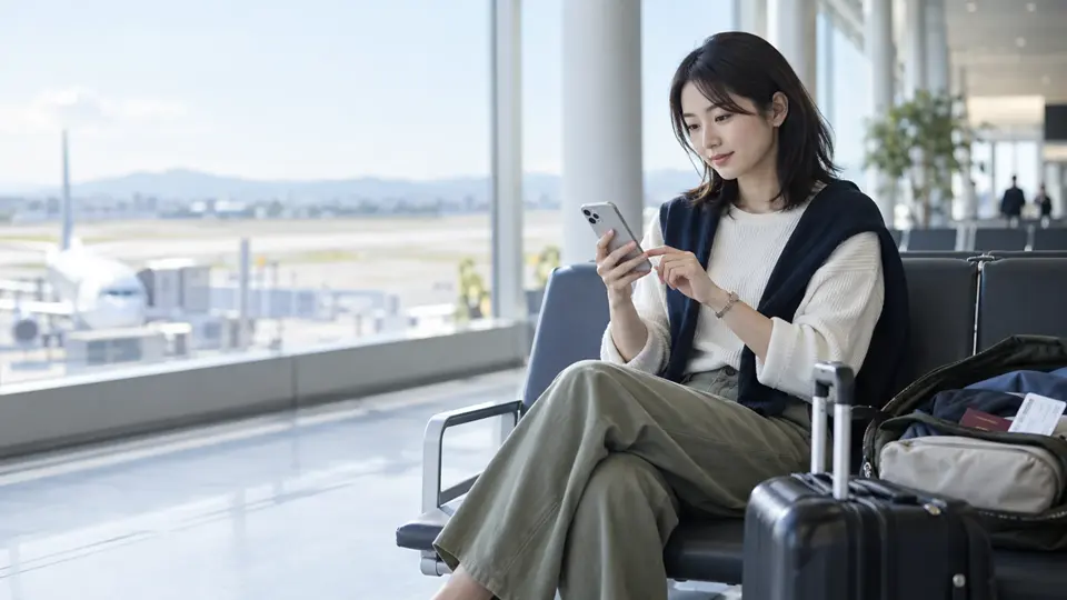 空港でスマートフォンの通信設定を確認する旅行者