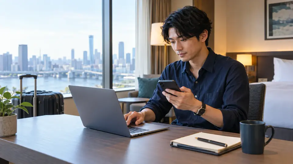 ホテルでスマートフォンとノートPCを使う旅行者