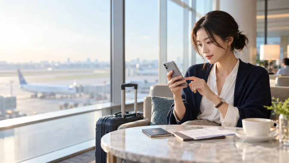 空港でスマートフォンの通信設定を確認する旅行者