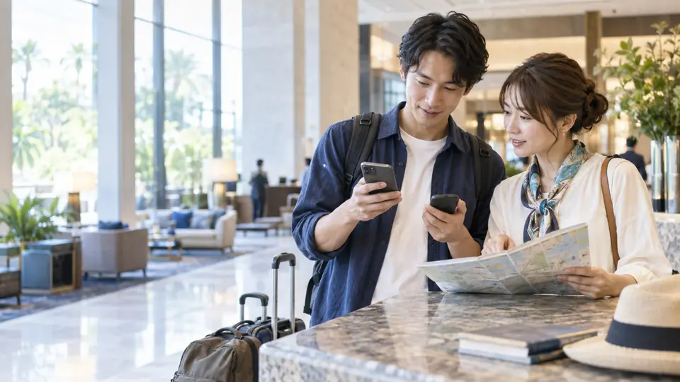 ホテルロビーで旅行用の通信手段を確認する旅行者