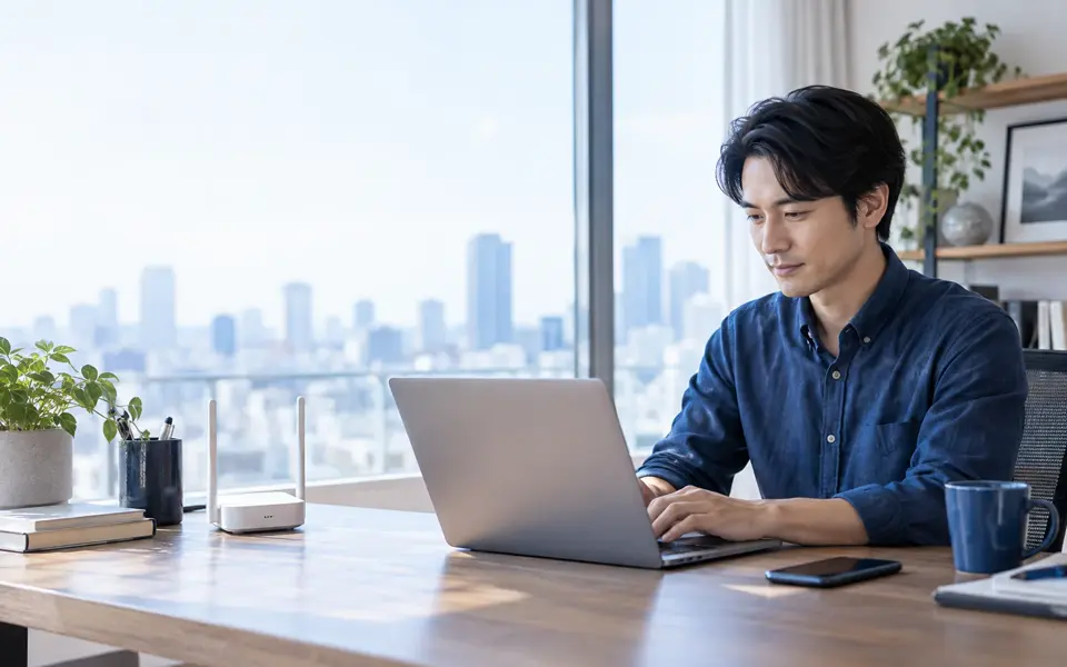 自宅のデスクでノートPCを使うリモートワーカー