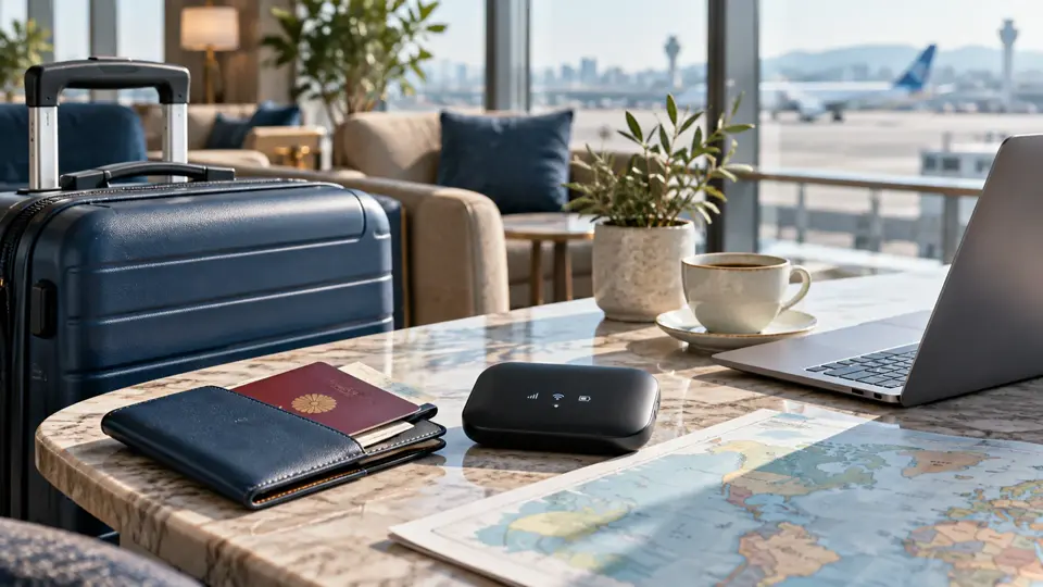 空港ラウンジのテーブルに置かれたスーツケース、パスポート、モバイルWi-Fiルーター