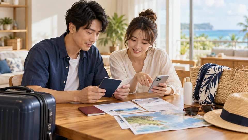 パスポートとスマートフォン、旅行書類を確認してグアム旅行を準備する様子