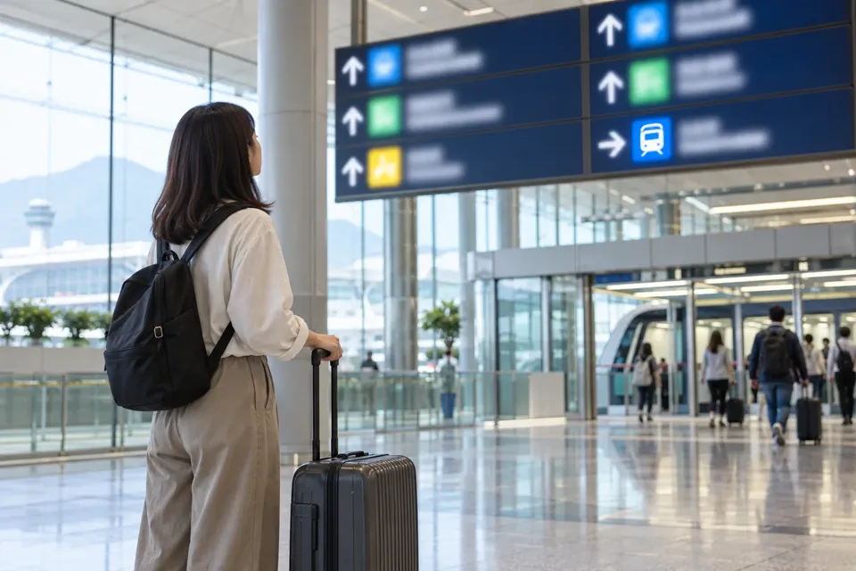 香港国際空港の到着エリアで、スーツケースと案内板を見ながら移動手段を確認する旅行者
