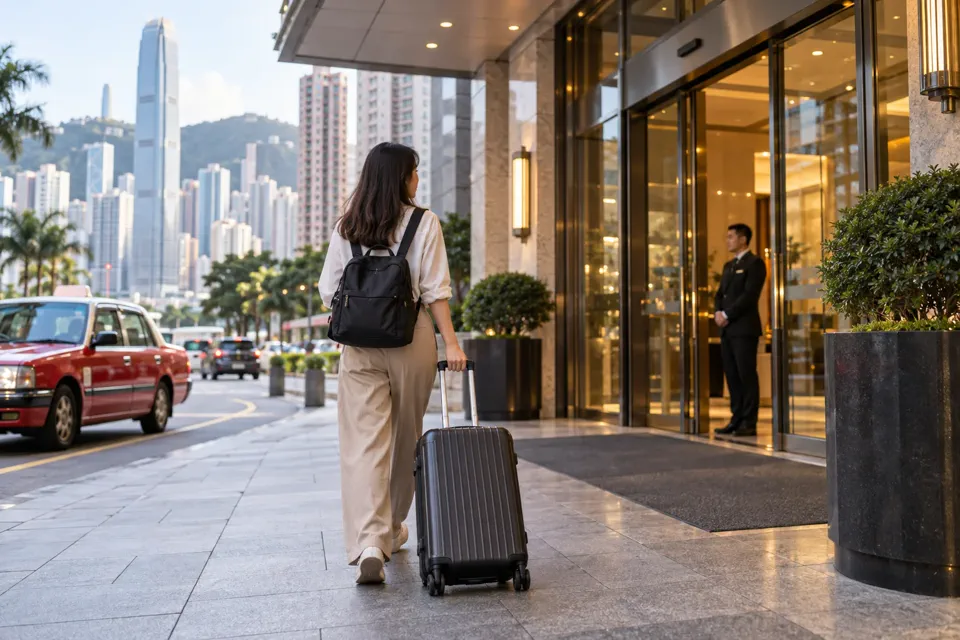 香港のホテル入口へスーツケースを引いて到着する旅行者と、近くを走るタクシー