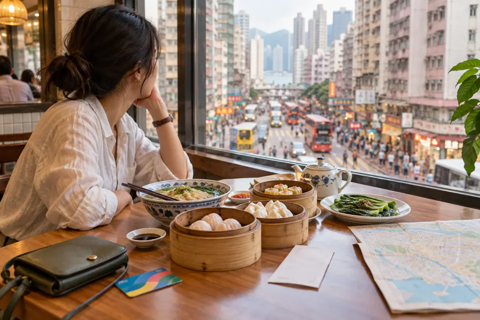 香港の市街地を望む店内で、飲茶と地図を前に食事の予定を考える旅行者