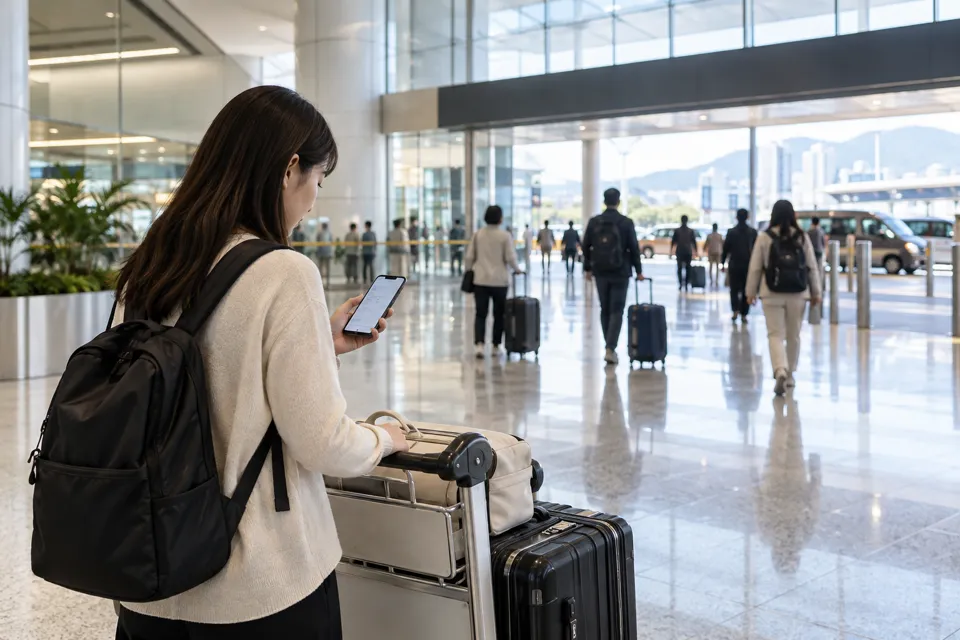 到着ロビーでスマートフォンを確認する旅行者と荷物カート