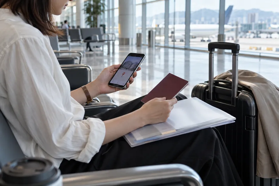 空港で旅券と宿泊先情報を確認する旅行者