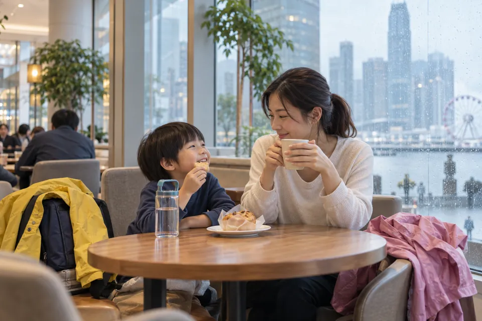 雨の日に屋内のカフェで休憩する親子