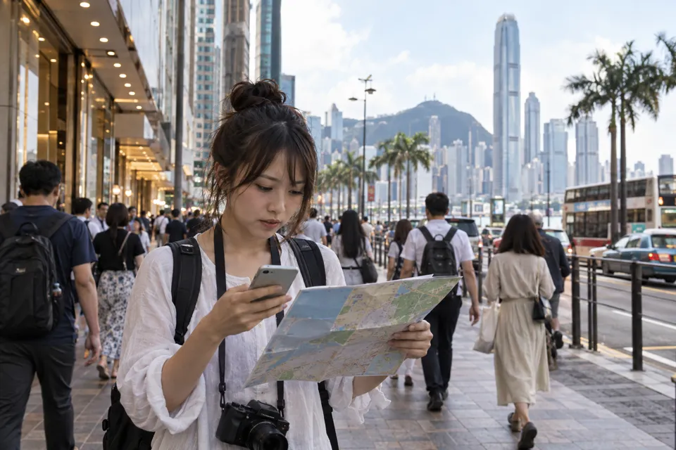 香港の海沿いの街で地図を確認する旅行者