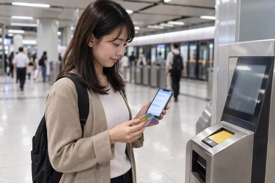 駅構内で交通カードとスマートフォンの残高を確認する旅行者