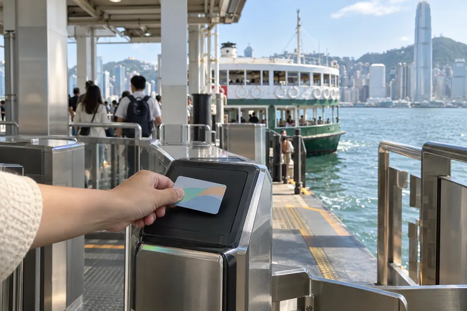 フェリー乗り場の改札で交通カードをかざす手元