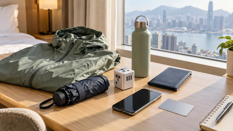 香港旅行のために雨具・充電器・パスポートケースを並べた準備