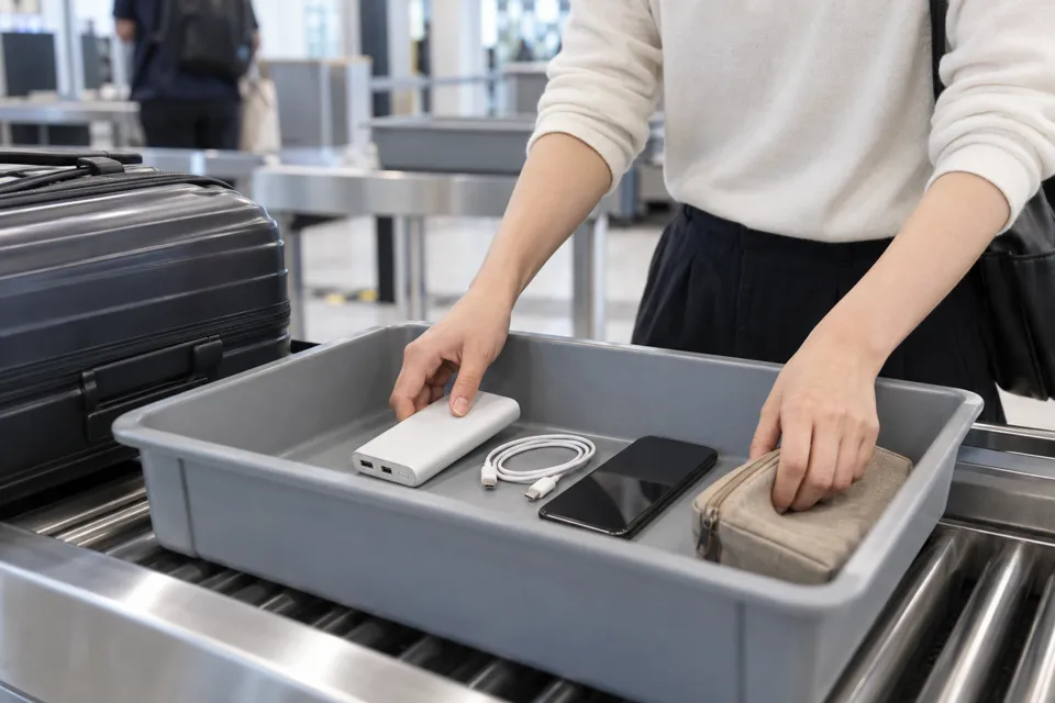 空港の保安検査でモバイルバッテリーをトレーに入れる手元