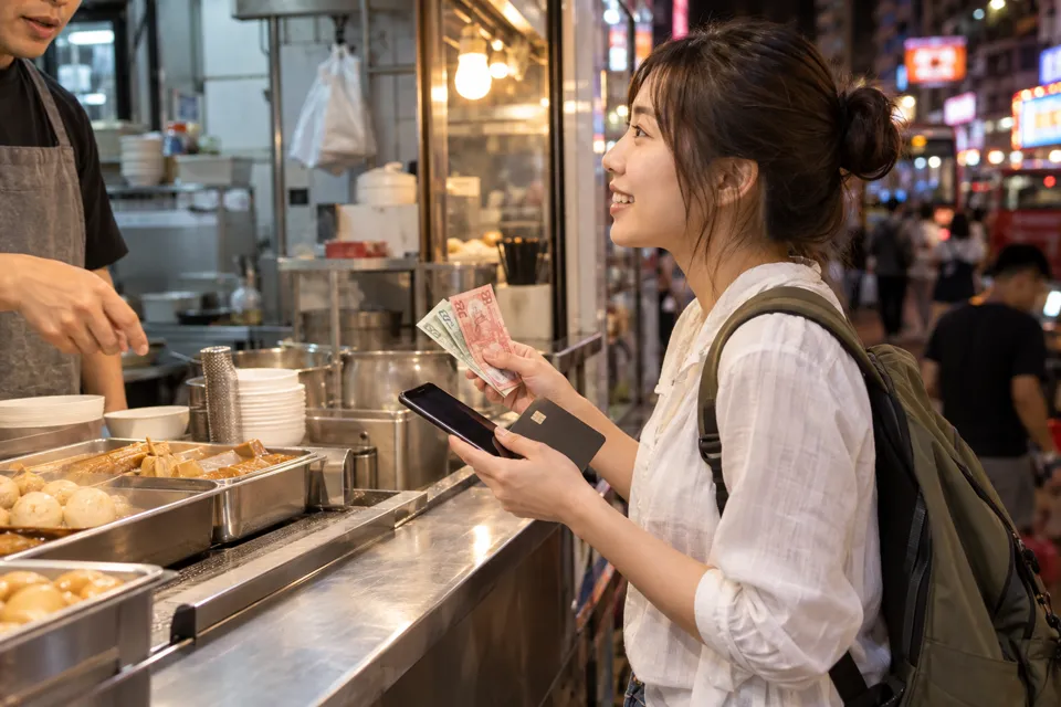 香港の小さな飲食店で現金とカードを用意する旅行者