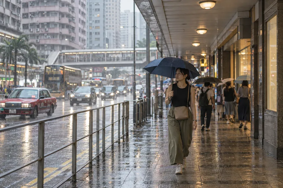 雨の香港で屋根のある歩道を傘を持って歩く旅行者