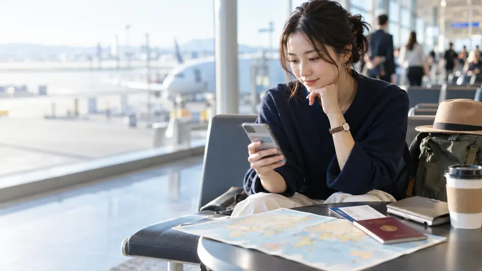 空港で旅行用eSIMの複数国向けデータプランを確認する旅行者