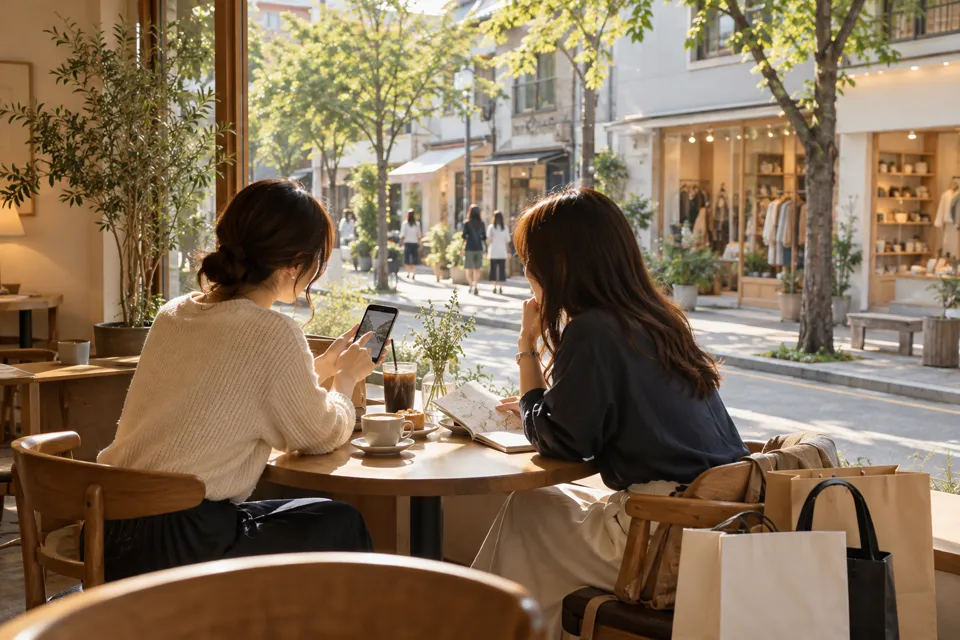 ソウルのカフェで街歩きの次の予定を相談する旅行者と、窓の外のショップ