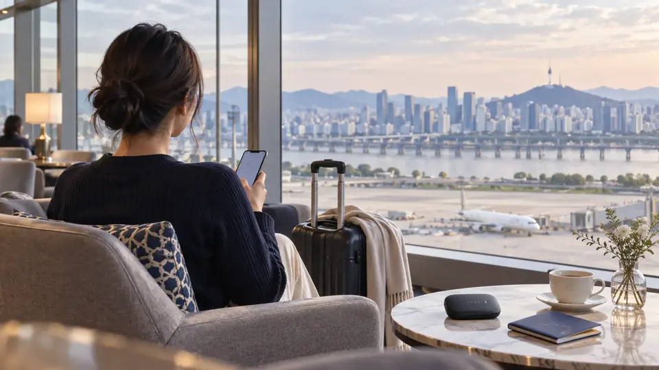 空港ラウンジからソウルの街を眺める旅行者と、テーブル上のモバイルWi-Fiルーター