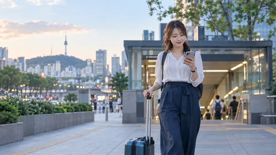 韓国到着後に旅行用eSIMのデータ通信を確認する旅行者
