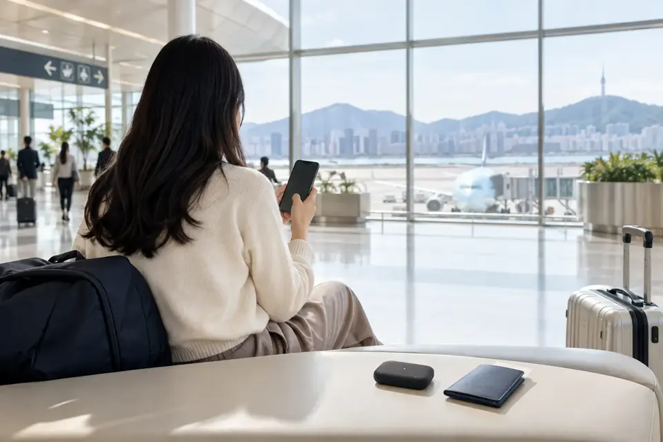 韓国の空港到着後にスマートフォンを確認する旅行者