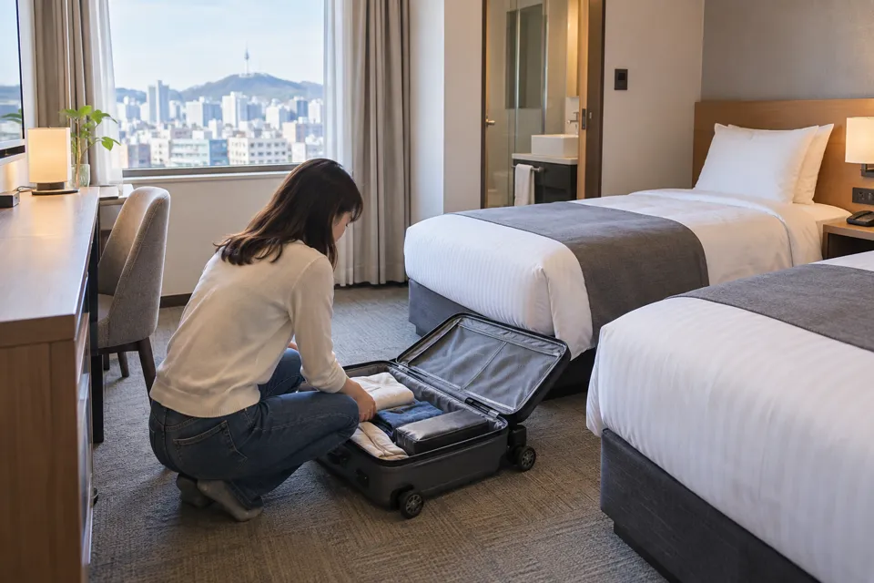 ツインルームの床でスーツケースを開き、荷物の置き場を確認する旅行者