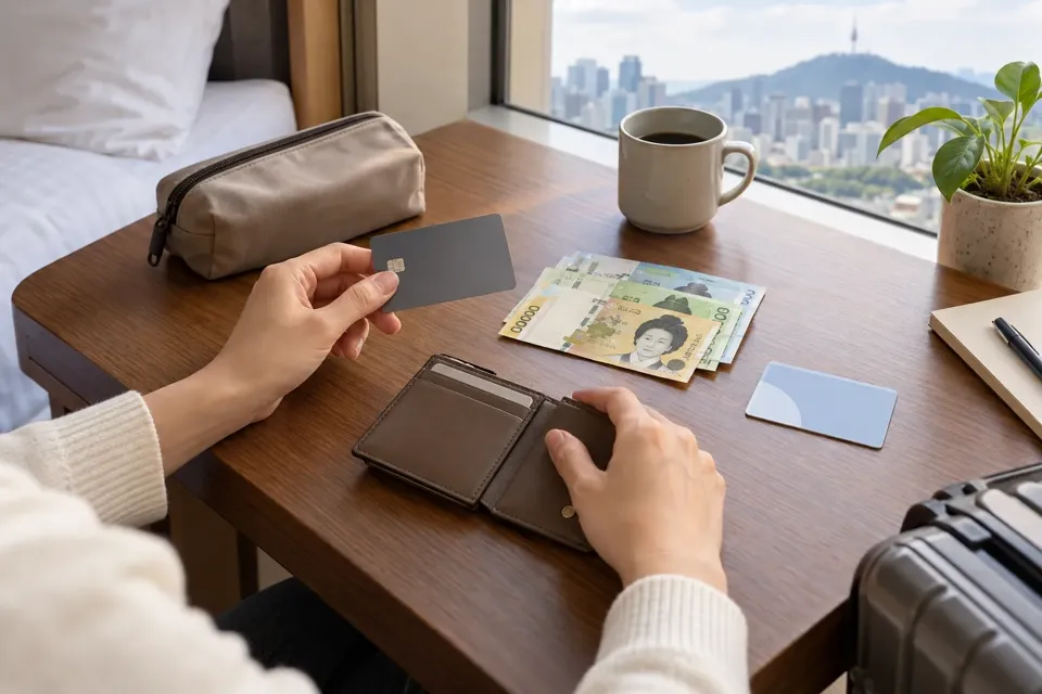 旅行者がホテルの机でクレジットカード、韓国ウォン、交通カード、小さな財布を分けて準備している様子