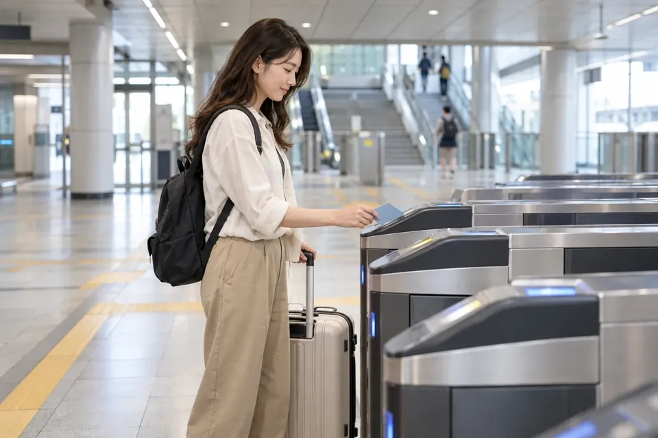 ソウルの地下鉄改札で交通カードを手にし、スーツケースを横に置いて残高を確認する旅行者