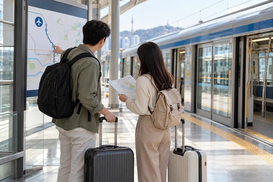 空港鉄道の乗り場で、スーツケースを持った二人の旅行者がホテルまでの経路を確認している様子