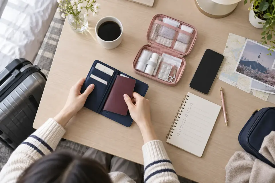 パスポート、スマートフォン、旅行用品を机に整理した様子
