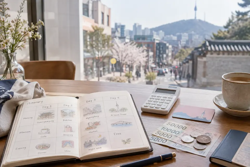 旅行ノート、電卓、韓国ウォンと交通カードを置いたカフェテーブル