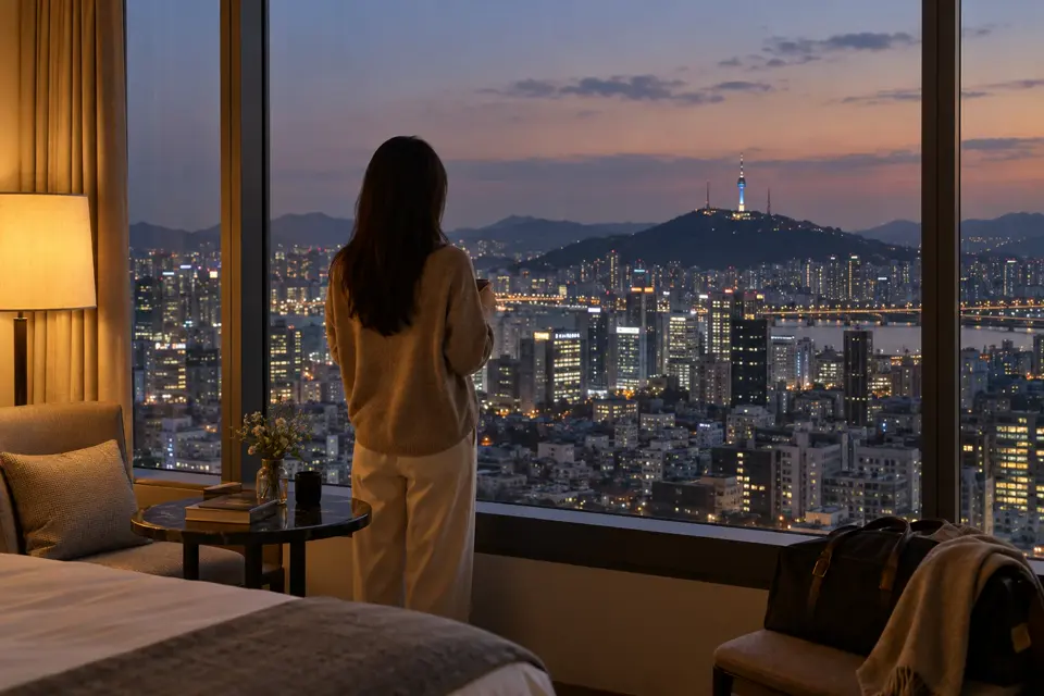 夕暮れのソウルの街並みとNソウルタワーを眺める旅行者