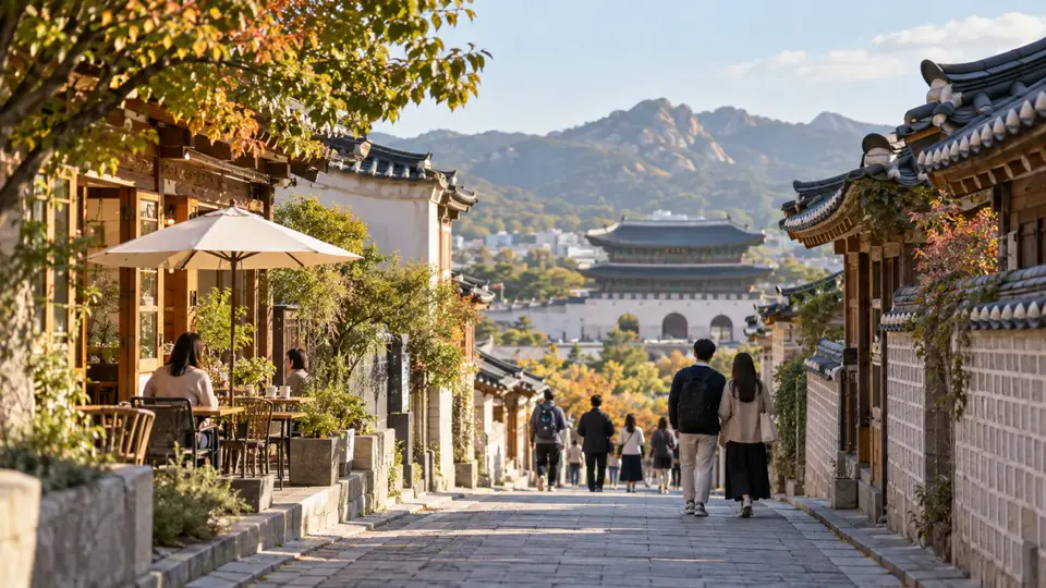 伝統的な街並みを歩く旅行者と、遠くに見える宮殿