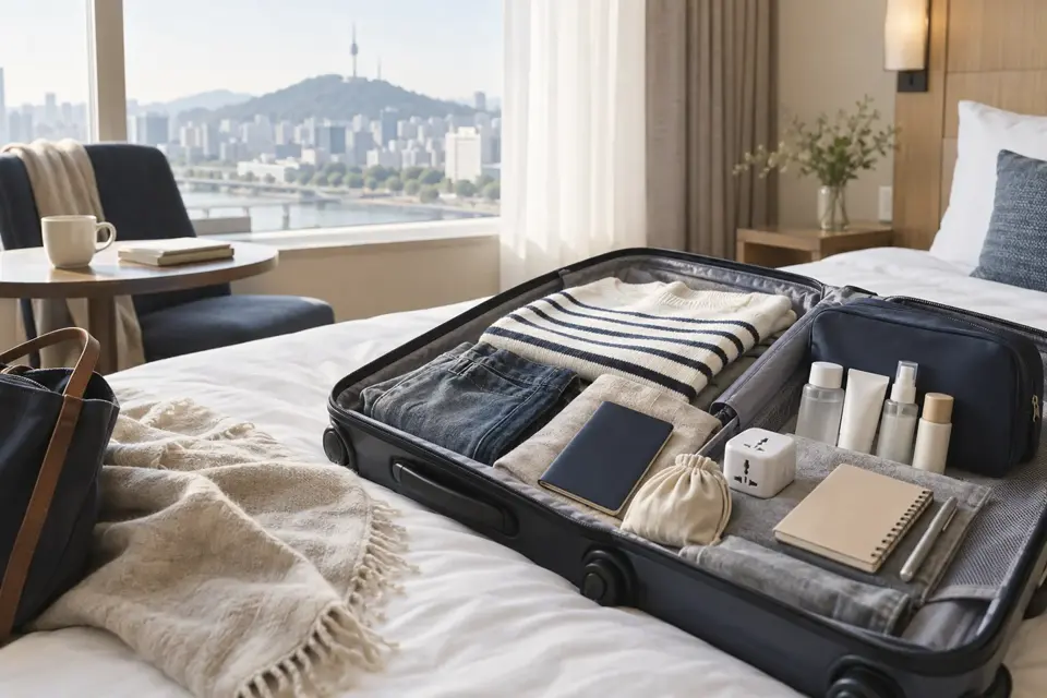 ソウルのホテルで、旅行用品をスーツケースに整理している様子